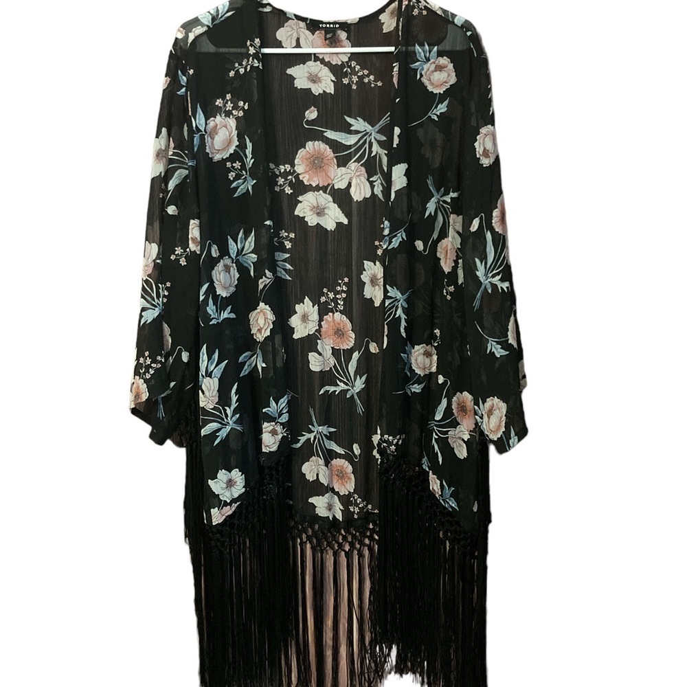 TORRID Women’s Plus 1X 2X Black Floral Fringe Kimono Top Short Sleeve